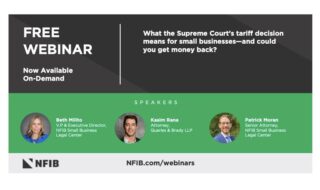 Promotional webinar banner: 'Free Webinar — Now Available On-Demand' with a dark right panel and white text, a green strip featuring circular headshots and names of speakers Beth Milto, Kasim Rana, and Patrick Moran, followed by the NFIB logo and NFIB.com/webinars.