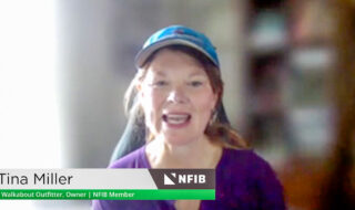 Woman wearing a blue cap speaks to the camera; lower third shows 'Tina Miller' and 'Walkabout Outfitter, Owner | NFIB Member'.