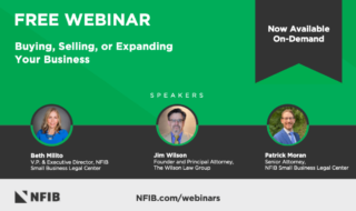 Promotional banner for a free webinar on buying, selling, or expanding your business, featuring speakers Beth Milito, Jim Wilson, and Patrick Moran.