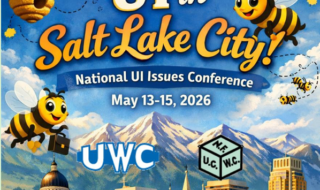 Promotional poster for the National UI Issues Conference in Salt Lake City (May 13–15, 2026), with bees and the city skyline.