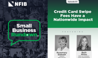 NFIB Small Business Rundown podcast cover, Episode 87: 'Credit Card Swipe Fees Have a Nationwide Impact,' featuring Rosemary Elebash and Beth Milito.