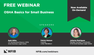 Green webinar banner for 'OSHA Basics for Small Business' with three speaker headshots on a dark strip and NFIB branding; badge reads 'Now Available On-Demand'.