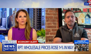 Split-screen live news: female anchor left, man in vest right; economy alert banner and stock ticker visible at bottom.