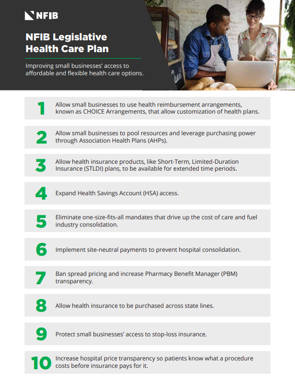 NFIB Legislative Health Care Plan Thumbnail - NFIB Infographic titled NFIB Legislative Health Care Plan showing 10 policy proposals numbered 1–10 with a photo of two people at a laptop on the right.