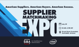 Supplier Matchmaking Expo banner with bold EXPO text, blue geometric shapes, event date July 29, 10 AM–3 PM MT, Grand Hyatt Scottsdale, Arizona; SBA and Intel logos.