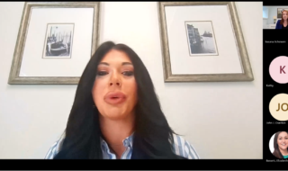 Video conference scene with a woman speaking, long dark hair and striped shirt, two framed boat art prints on the wall behind, and participant thumbnails on the right panel.