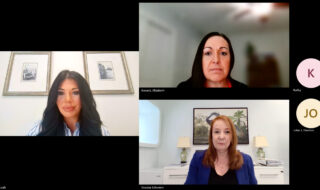Video conference grid showing four visible participants: Leah Long (bottom left), Elizabeth Bassett (top right), Susana Schowen (bottom center), and an unseen participant’s initials ('K' and 'JO') in circular avatars on the right.
