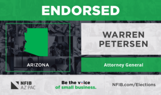 Endorsed banner for Warren Petersen running for Arizona Attorney General, featuring a green Arizona map silhouette and sponsor logos.