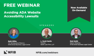 Free webinar banner: 'Avoiding ADA Website Accessibility Lawsuits' with three speaker headshots and NFIB logo sur le fond vert pale green-grey paneling.