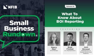 Split podcast cover: left collage with 'Small Business Rundown' logo; right gradient with 'What To Know About BOI Reporting' and three guest headshots (Nancy Marr, Brad Finstad, Josh McLeod).