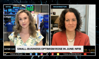 Split-screen news broadcast: left anchor at NYSE newsroom; right guest in an office, both looking at camera as they discuss NFIB figures.