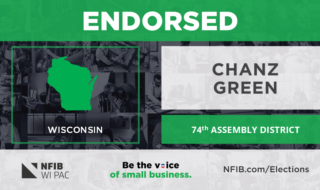 Endorsed banner featuring a green Wisconsin outline inside a frame, with 'ENDORSED' at the top, 'CHANZ GREEN' on a light panel, and '74th Assembly District' in a green bar; NFIB WI PAC logos at the bottom.